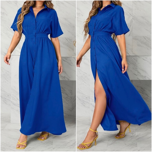 Boho Royal Blue Button up Oversized Maxi Dress - Picture 3 of 3